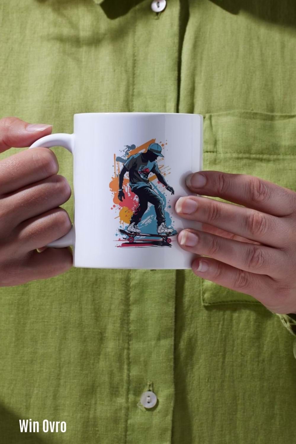 Win Ovro Premium Beyaz Porselen Hediye Kupa Bardak Çift Yön Baskı - Graffiti Skater Rengine KayKay