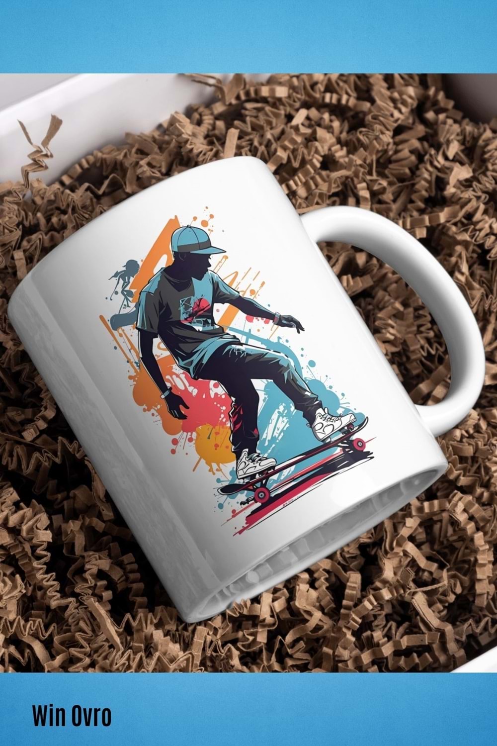 Win Ovro Premium Beyaz Porselen Hediye Kupa Bardak Çift Yön Baskı - Graffiti Skater Rengine KayKay