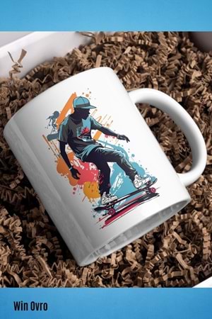 Win Ovro Premium Beyaz Porselen Hediye Kupa Bardak Çift Yön Baskı - Graffiti Skater Rengine KayKay