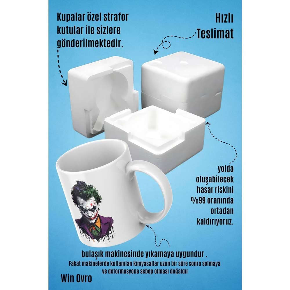 Win Ovro Premium Beyaz Porselen Hediye Kupa Bardak Çift Yön Baskı - Joker Renkli Tasarım
