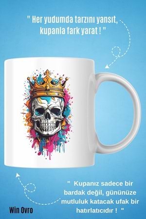 Win Ovro Premium Beyaz Porselen Hediye Kupa Bardak Çift Yön Baskı - Ölümsüz Kral Skeleton King