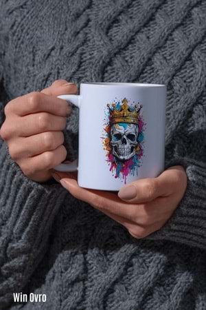 Win Ovro Premium Beyaz Porselen Hediye Kupa Bardak Çift Yön Baskı - Ölümsüz Kral Skeleton King