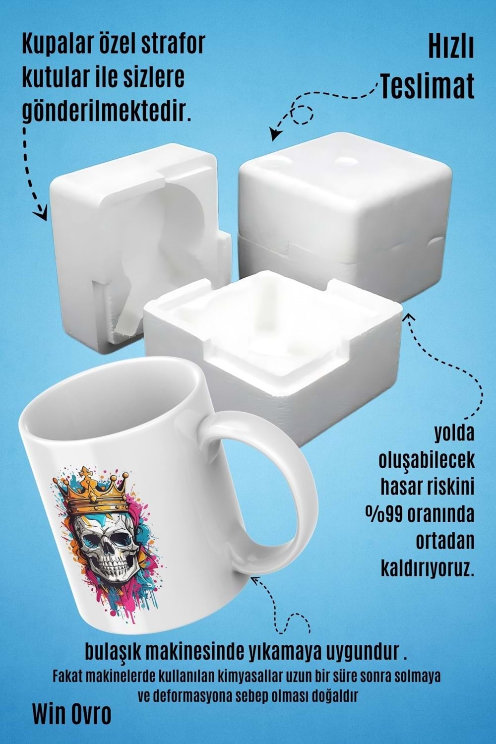 Win Ovro Premium Beyaz Porselen Hediye Kupa Bardak Çift Yön Baskı - Ölümsüz Kral Skeleton King