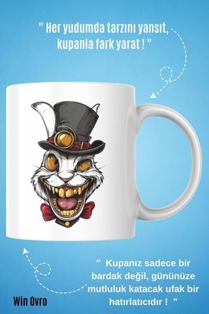 Win Ovro Premium Beyaz Porselen Hediye Kupa Bardak Çift Yön Baskı - Altın Dişli Şapkacı Deli Tavşan