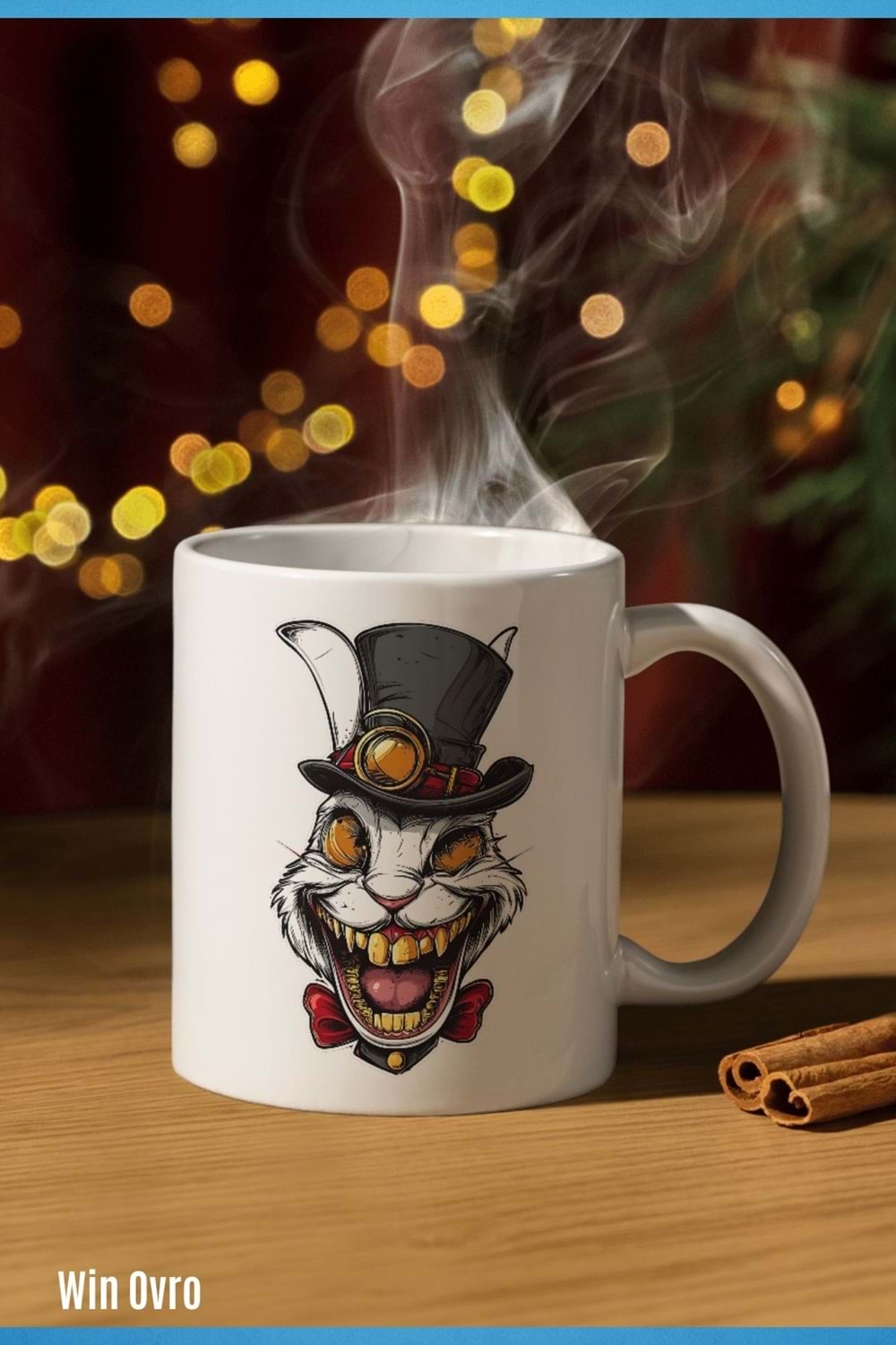 Win Ovro Premium Beyaz Porselen Hediye Kupa Bardak Çift Yön Baskı - Altın Dişli Şapkacı Deli Tavşan