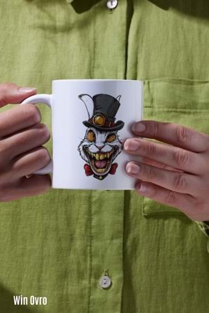 Win Ovro Premium Beyaz Porselen Hediye Kupa Bardak Çift Yön Baskı - Altın Dişli Şapkacı Deli Tavşan