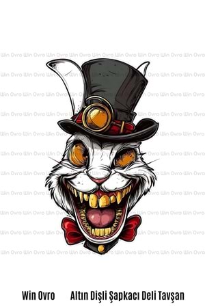 Win Ovro Premium Beyaz Porselen Hediye Kupa Bardak Çift Yön Baskı - Altın Dişli Şapkacı Deli Tavşan