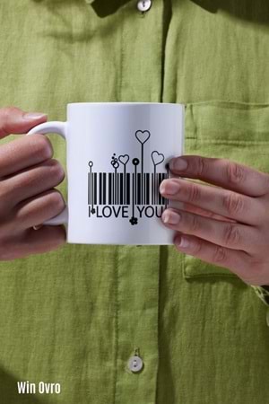Win Ovro Premium Beyaz Porselen Hediye Kupa Bardak Çift Yön Baskı - I Love You Barkot