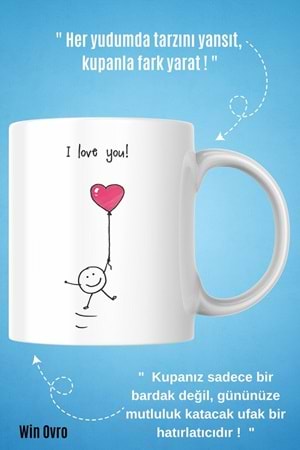 Win Ovro Premium Beyaz Porselen Hediye Kupa Bardak Çift Yön Baskı - I Love You Balon Kalp