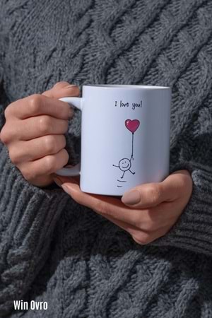 Win Ovro Premium Beyaz Porselen Hediye Kupa Bardak Çift Yön Baskı - I Love You Balon Kalp