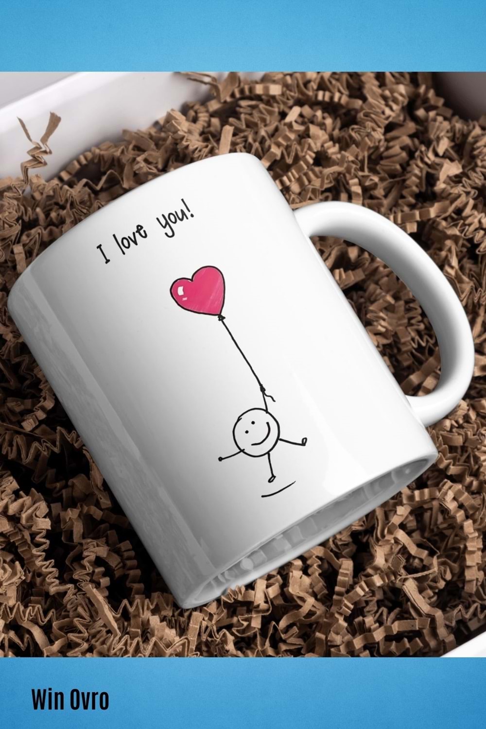 Win Ovro Premium Beyaz Porselen Hediye Kupa Bardak Çift Yön Baskı - I Love You Balon Kalp