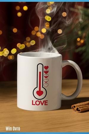 Win Ovro Premium Beyaz Porselen Hediye Kupa Bardak Çift Yön Baskı - Love is Hot Aşk Sıcaktır