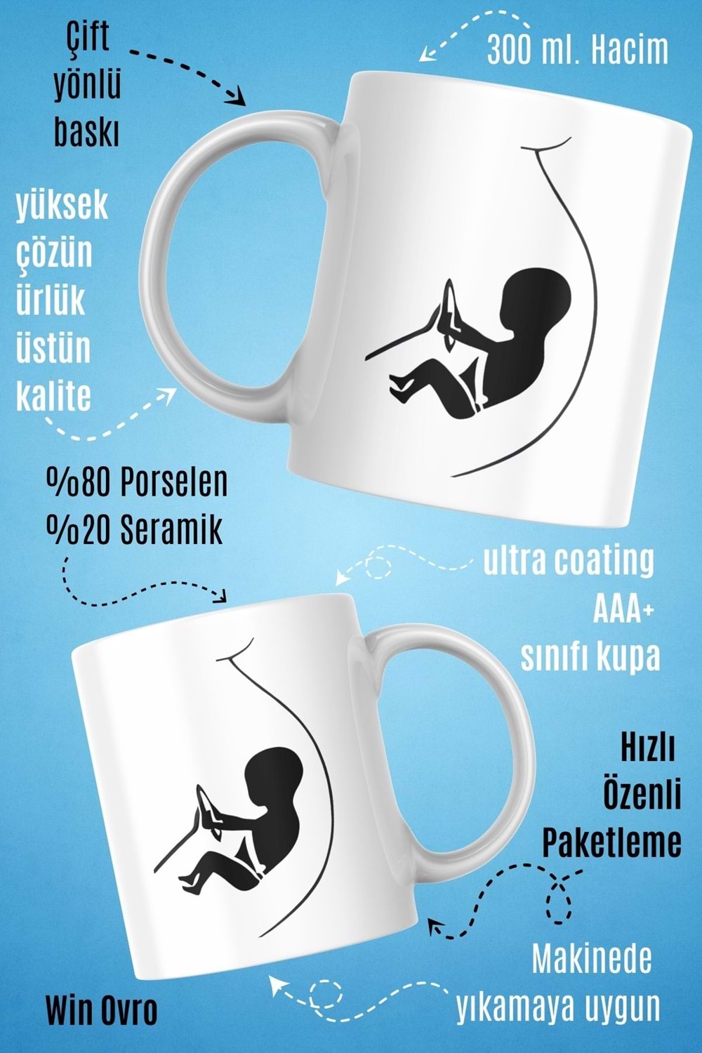 Win Ovro Premium Beyaz Porselen Hediye Kupa Bardak Çift Yön Baskı - Baby Driving