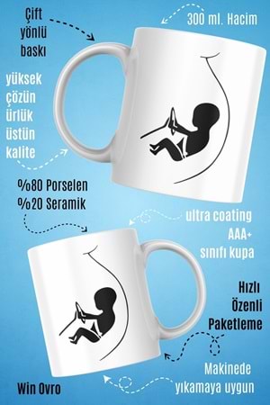 Win Ovro Premium Beyaz Porselen Hediye Kupa Bardak Çift Yön Baskı - Baby Driving