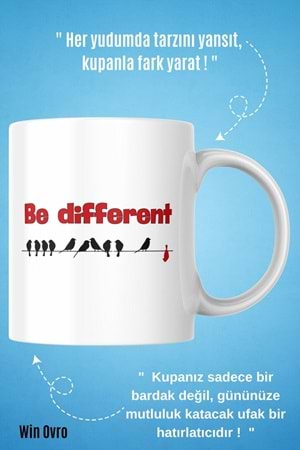 Win Ovro Premium Beyaz Porselen Hediye Kupa Bardak Çift Yön Baskı - Be Different Farklı Ol
