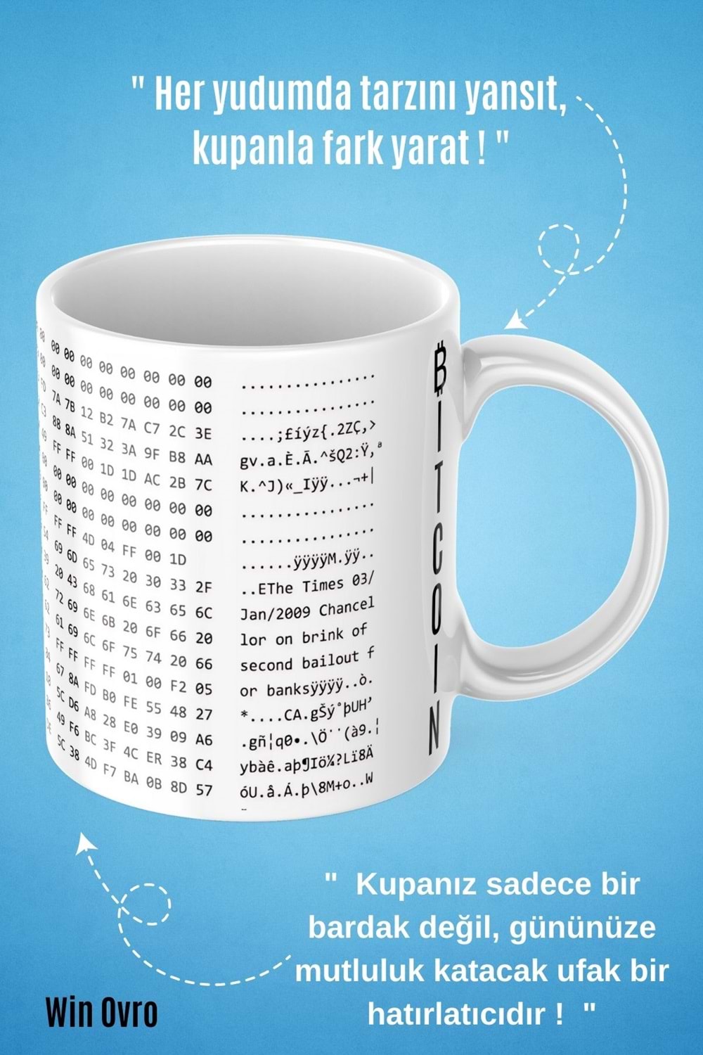 Win Ovro Premium Beyaz Porselen Hediye Çift Yön Baskılı Kupa Bardak - Bitcoin Origin Block