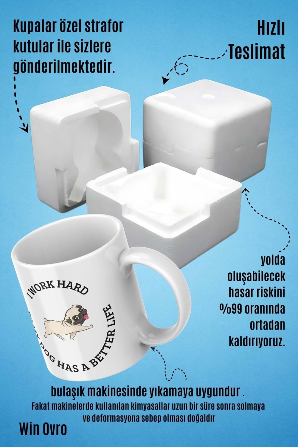 Win Ovro Premium Beyaz Porselen Hediye Çift Yön Baskılı Kupa Bardak - I Work Hard So My Dog