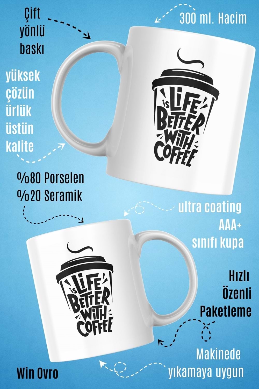 Win Ovro Premium Beyaz Porselen Hediye Çift Yön Baskılı Kupa Bardak - İs Life Better With Coffee