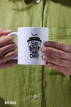 Win Ovro Premium Beyaz Porselen Hediye Çift Yön Baskılı Kupa Bardak - İs Life Better With Coffee