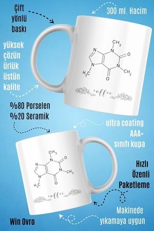 Win Ovro Premium Beyaz Porselen Hediye Çift Yön Baskılı Kupa Bardak - Chemical Coffee Kimyasal Kahve