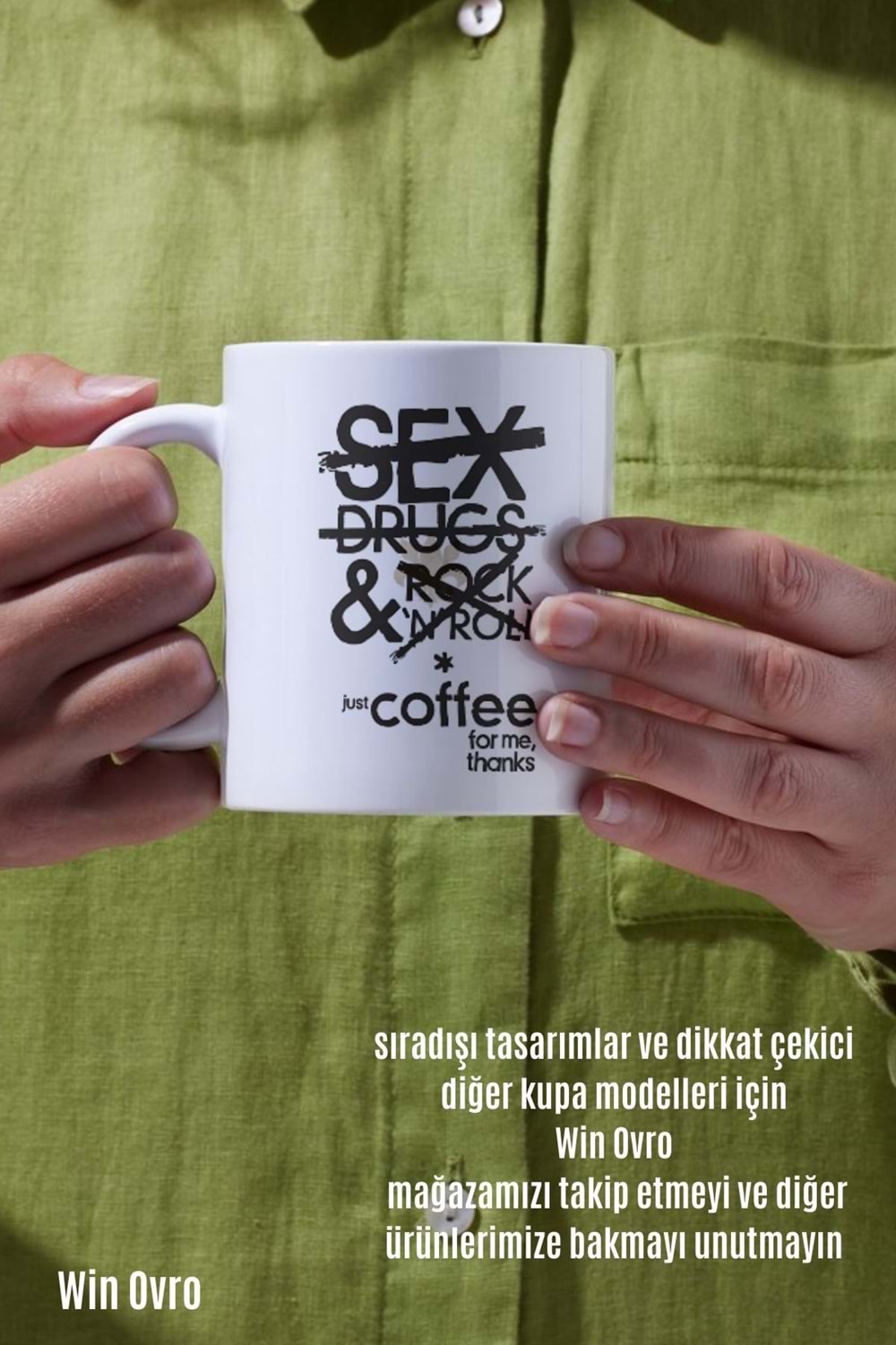 Win Ovro Premium Beyaz Porselen Hediye Çift Yön Baskılı Kupa Bardak - No Drama Just Coffee