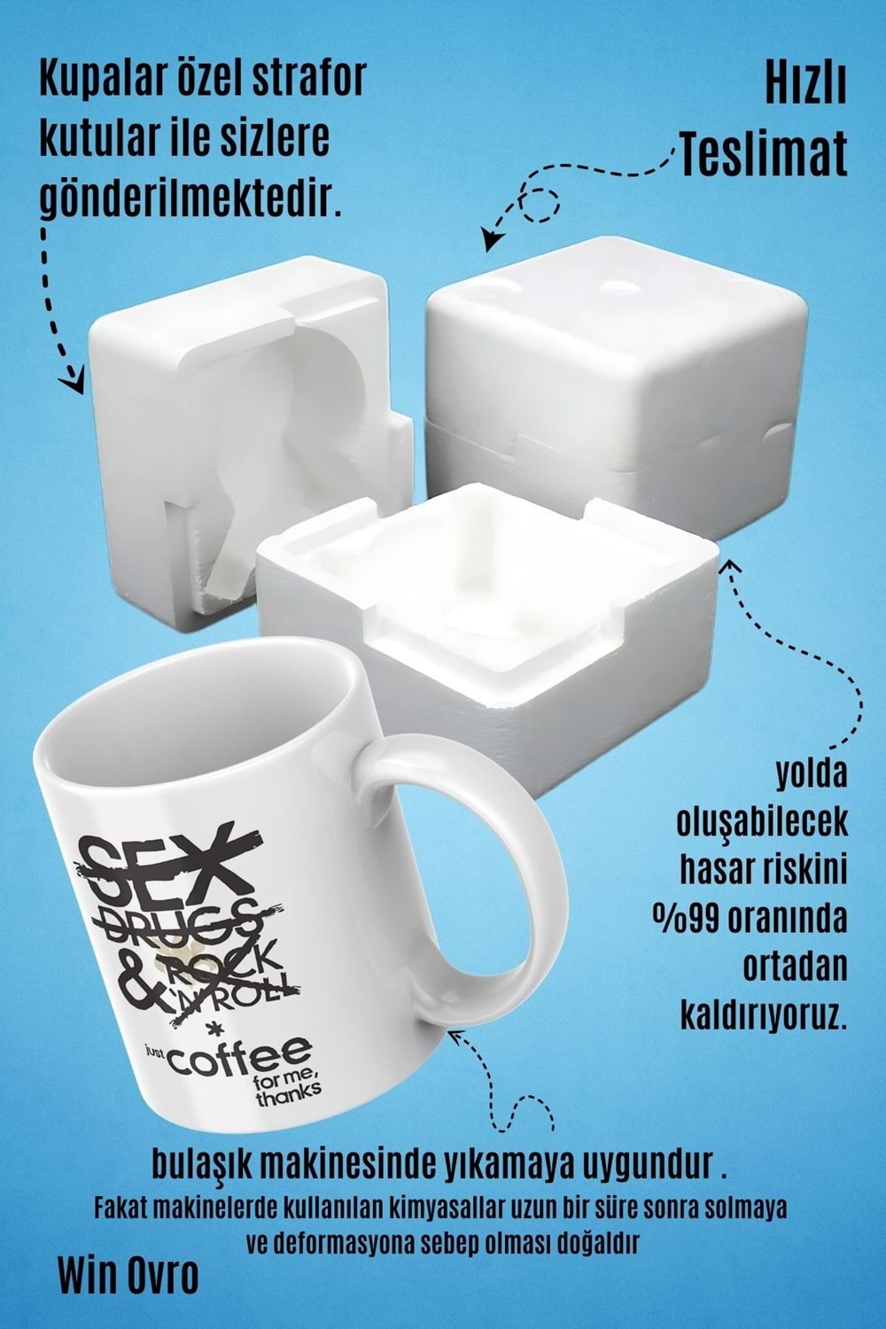 Win Ovro Premium Beyaz Porselen Hediye Çift Yön Baskılı Kupa Bardak - No Drama Just Coffee