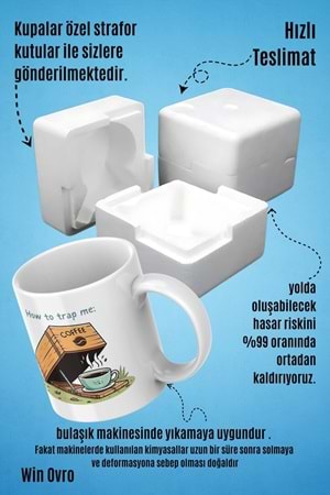Win Ovro Premium Beyaz Porselen Hediye Çift Yön Baskılı Kupa Bardak - How to Trap me Coffee