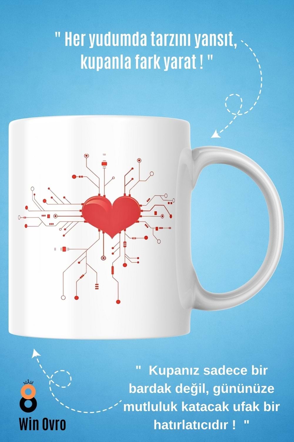 Win Ovro Premium Beyaz Porselen Hediye Çift Yön Baskılı Kupa Bardak - Aşk Kalp Love eee