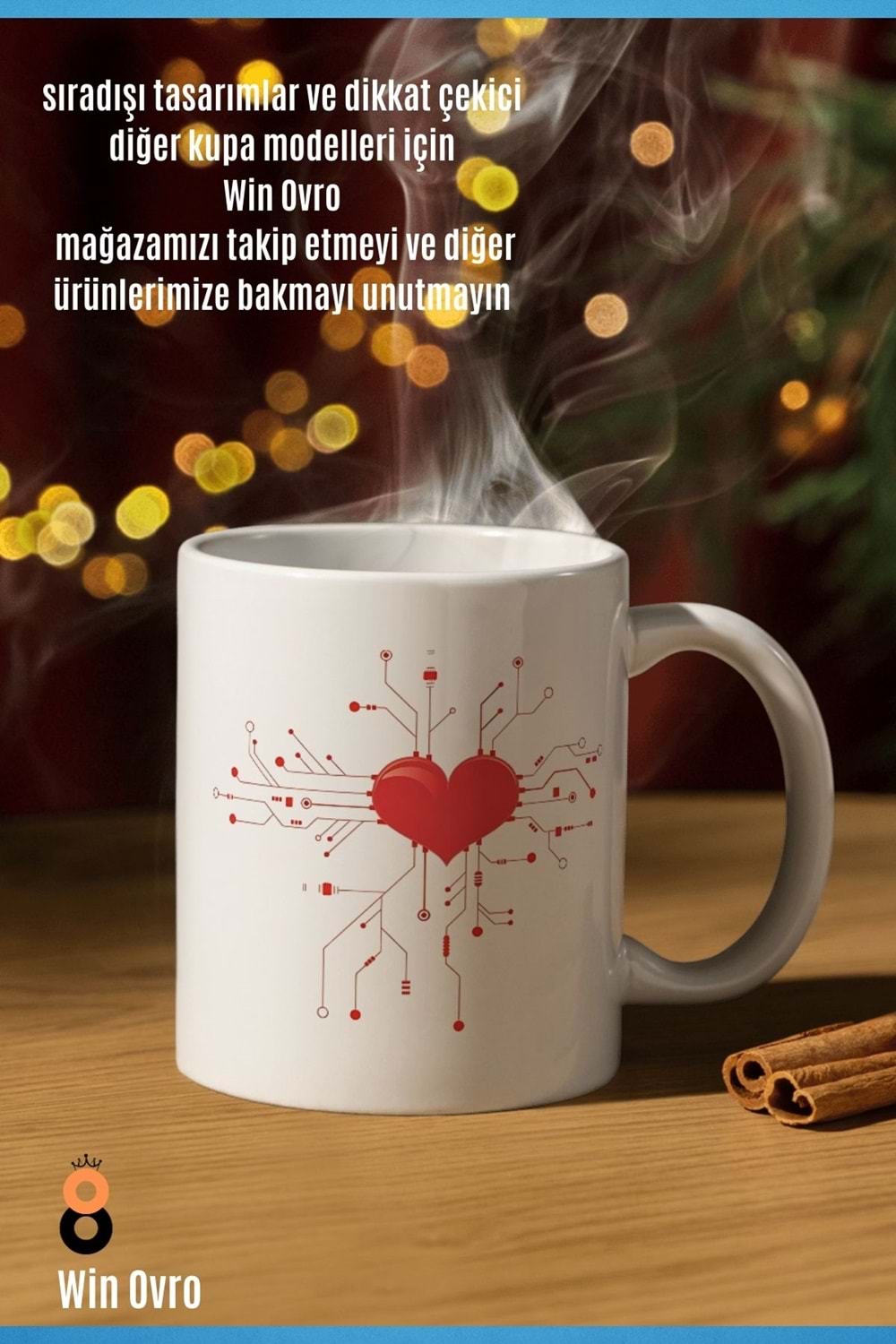 Win Ovro Premium Beyaz Porselen Hediye Çift Yön Baskılı Kupa Bardak - Aşk Kalp Love eee