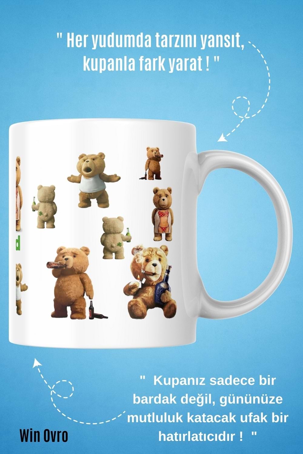 Win Ovro Premium Beyaz Porselen Hediye Çift Yön Baskılı Kupa Bardak - Ayı Teddy Bear 01