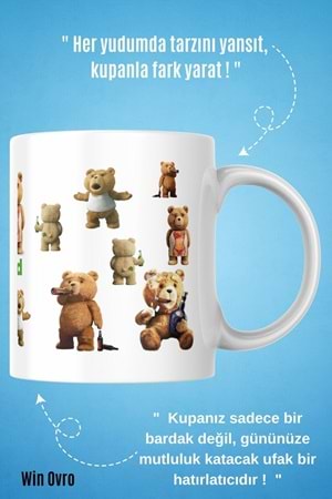 Win Ovro Premium Beyaz Porselen Hediye Çift Yön Baskılı Kupa Bardak - Ayı Teddy Bear 01