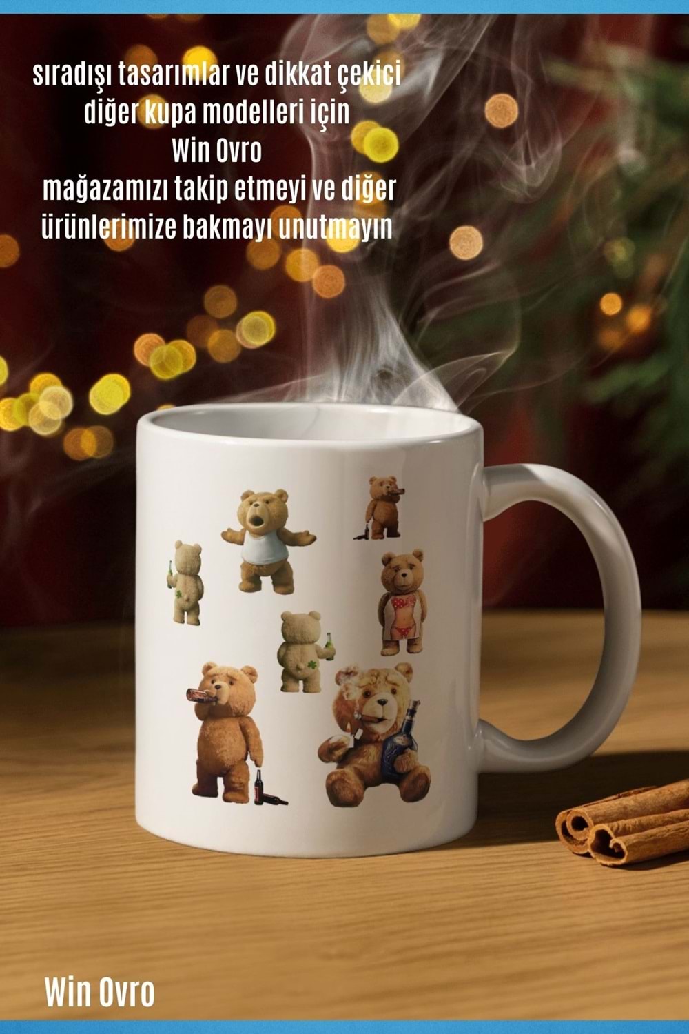 Win Ovro Premium Beyaz Porselen Hediye Çift Yön Baskılı Kupa Bardak - Ayı Teddy Bear 01