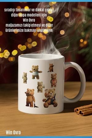 Win Ovro Premium Beyaz Porselen Hediye Çift Yön Baskılı Kupa Bardak - Ayı Teddy Bear 01