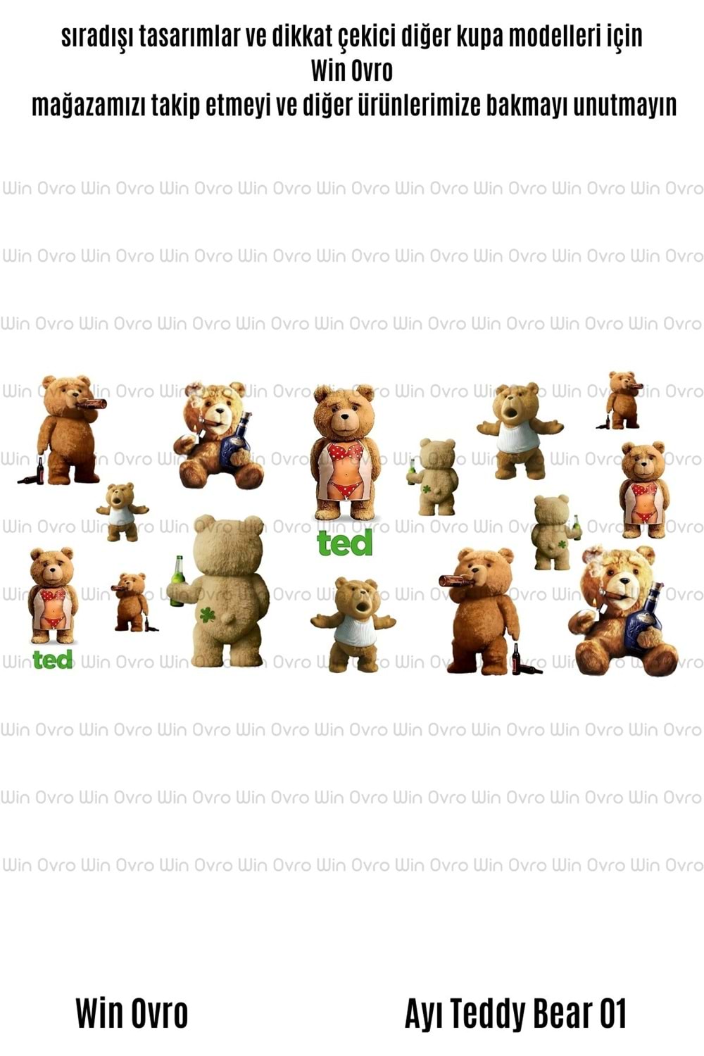 Win Ovro Premium Beyaz Porselen Hediye Çift Yön Baskılı Kupa Bardak - Ayı Teddy Bear 01