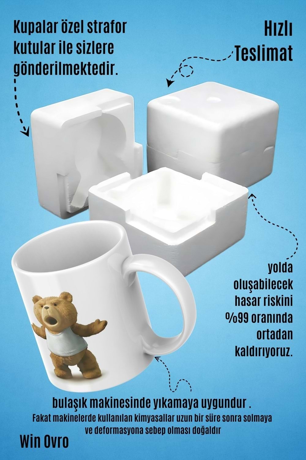 Win Ovro Premium Beyaz Porselen Hediye Çift Yön Baskılı Kupa Bardak - Ayı Teddy Bear 03