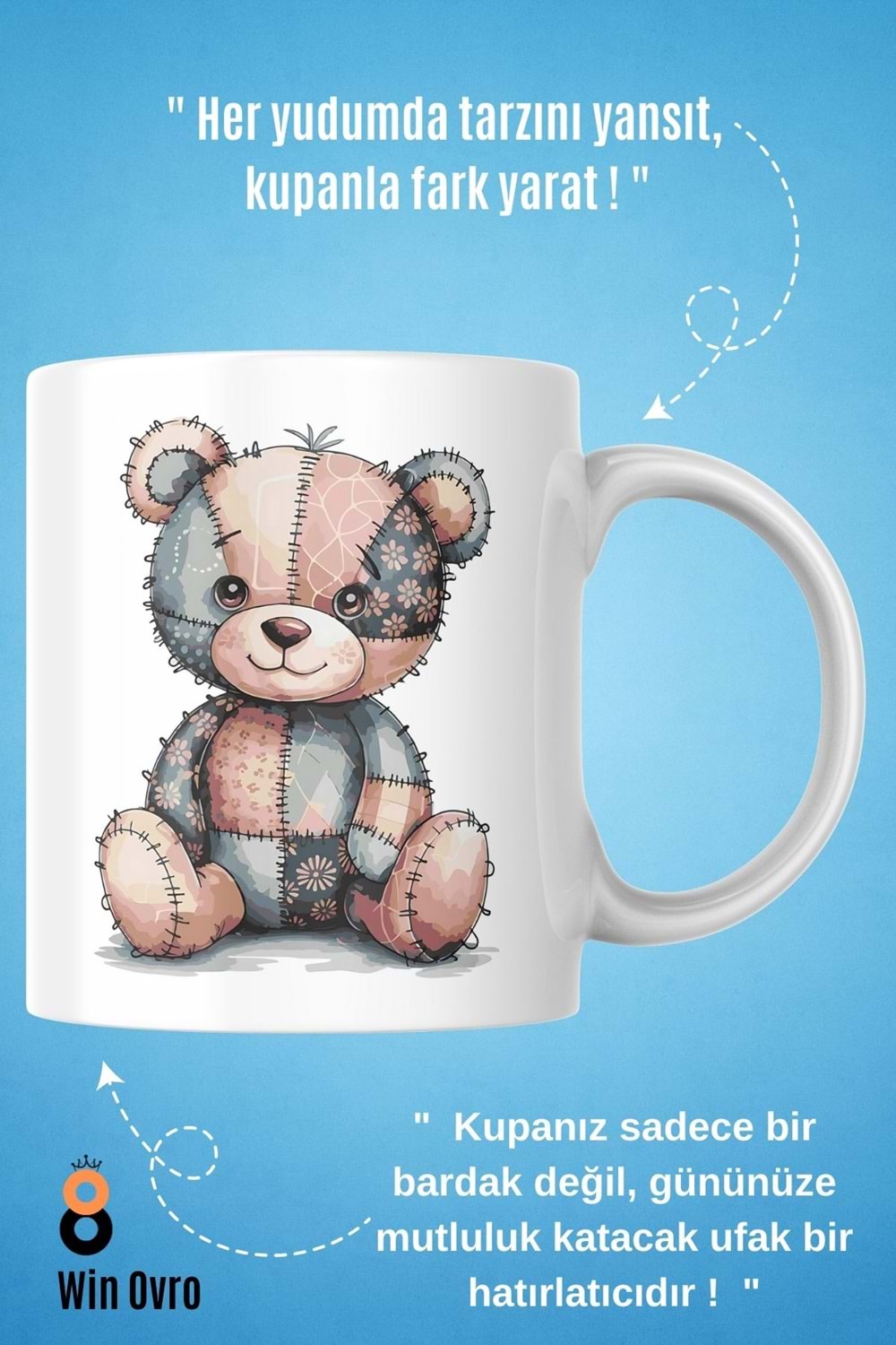 Win Ovro Premium Beyaz Porselen Hediye Çift Yön Baskılı Kupa Bardak - Ayı Teddy Bear 05