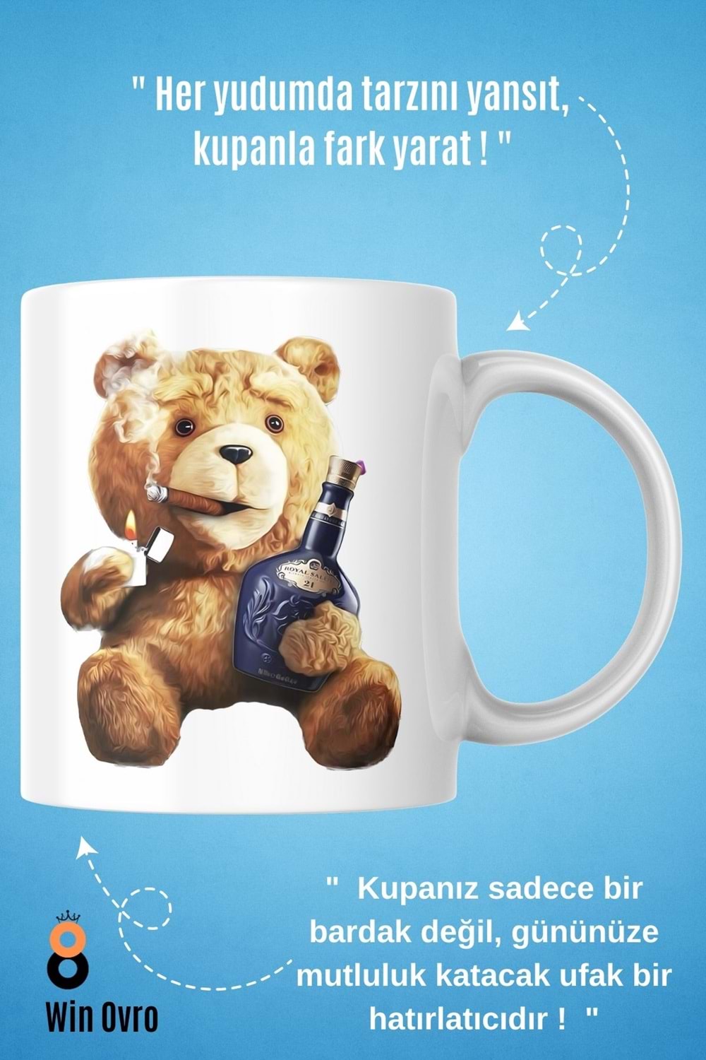 Win Ovro Premium Beyaz Porselen Hediye Çift Yön Baskılı Kupa Bardak - Ayı Teddy Bear 07