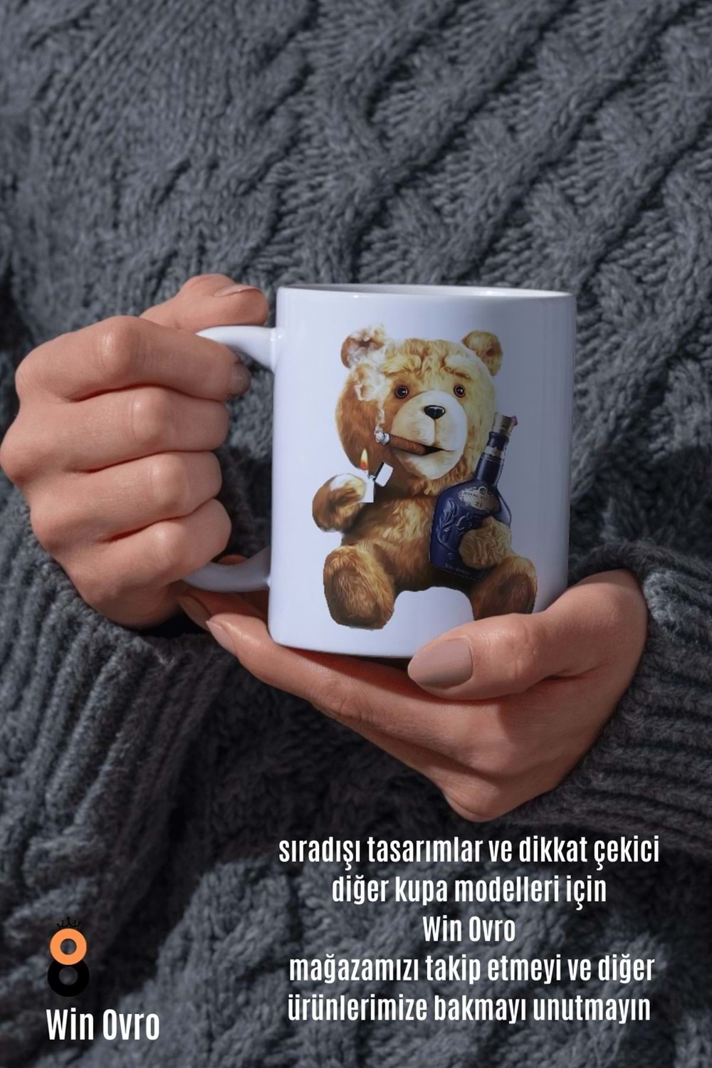 Win Ovro Premium Beyaz Porselen Hediye Çift Yön Baskılı Kupa Bardak - Ayı Teddy Bear 07