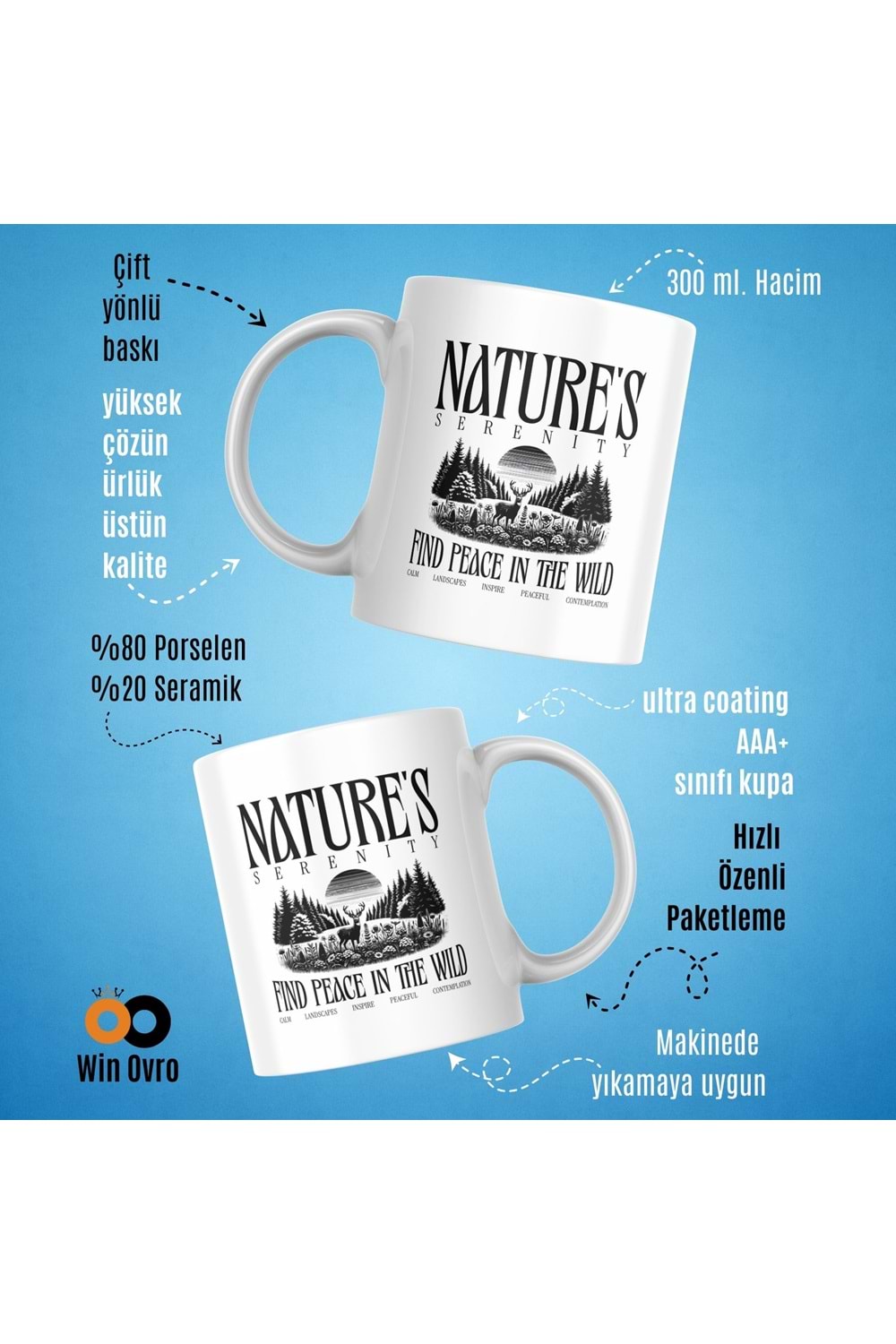Win Ovro Premium Beyaz Porselen Hediye Çift Yön Baskılı Kupa Bardak - Nature s Serenity