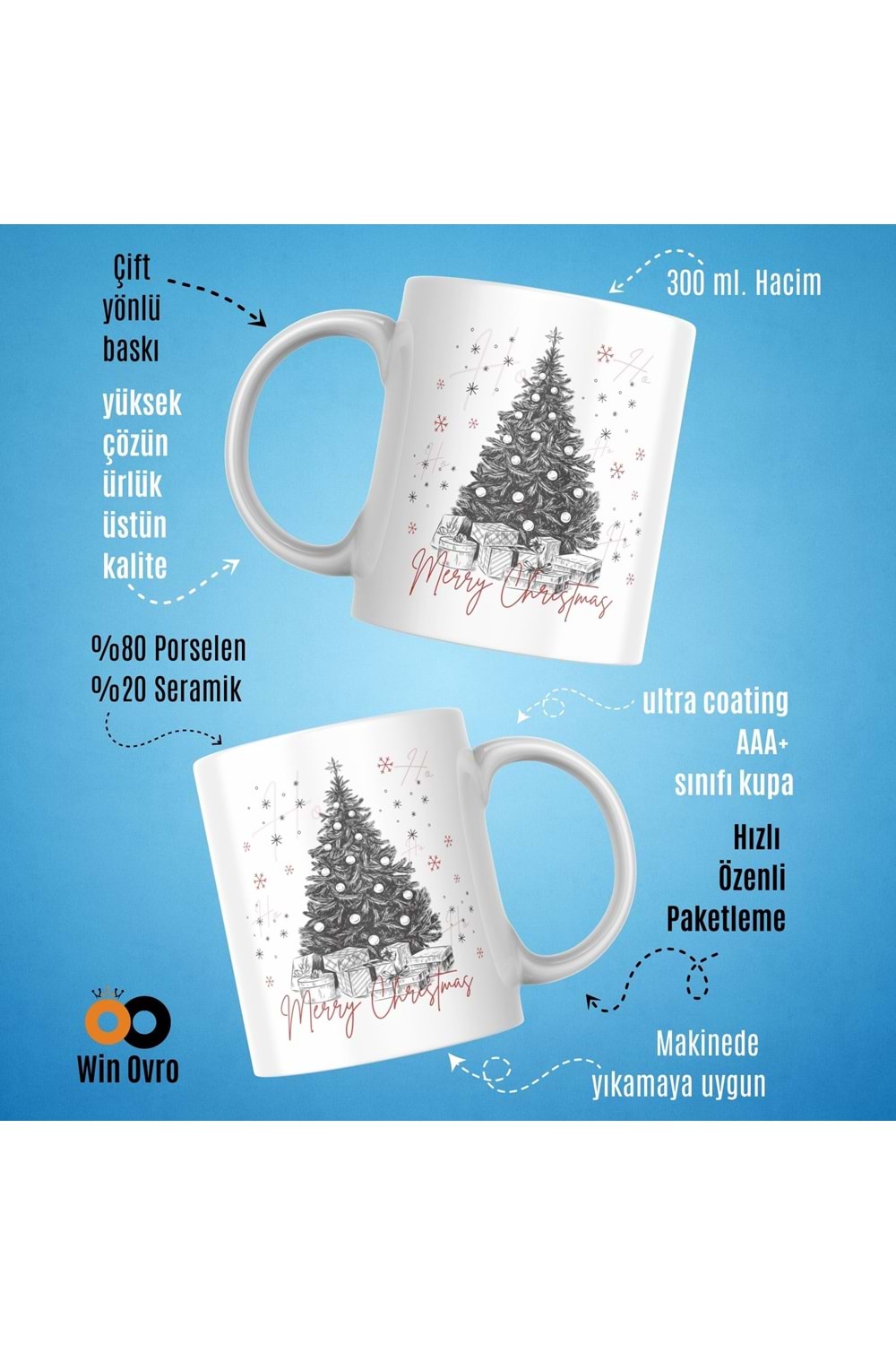 Win Ovro Premium Beyaz Porselen Hediye Çift Yön Baskılı Kupa Bardak - Merry Christmas Happy New Ye
