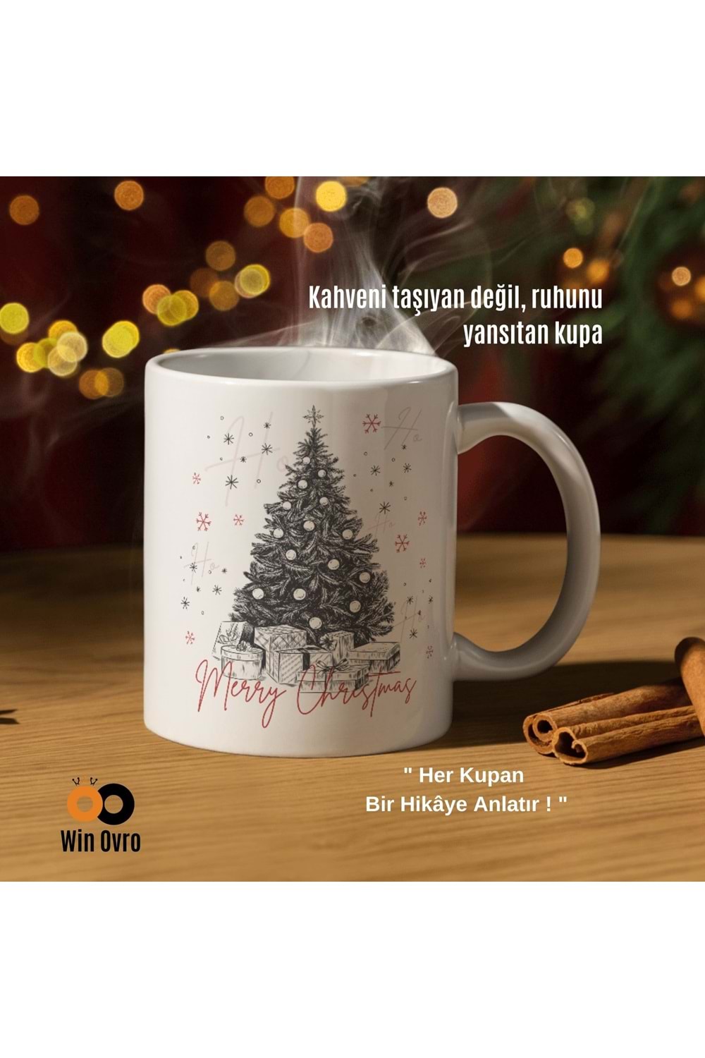 Win Ovro Premium Beyaz Porselen Hediye Çift Yön Baskılı Kupa Bardak - Merry Christmas Happy New Ye