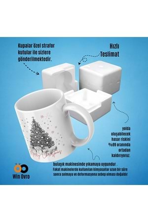 Win Ovro Premium Beyaz Porselen Hediye Çift Yön Baskılı Kupa Bardak - Merry Christmas Happy New Ye