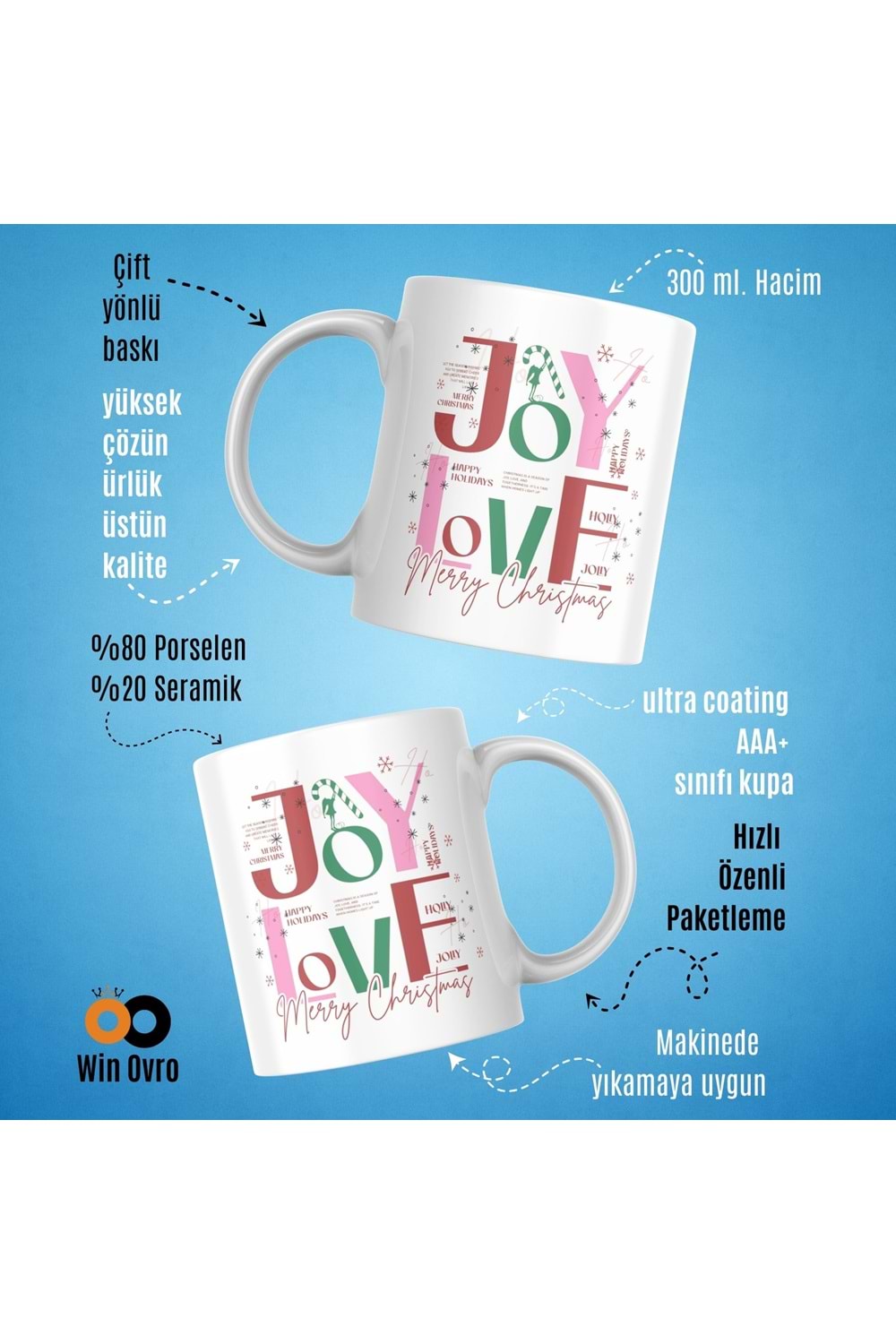 Win Ovro Premium Beyaz Porselen Hediye Çift Yön Baskılı Kupa Bardak - Joy Love Merry Christmas