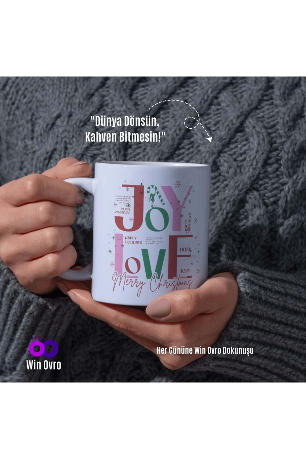 Win Ovro Premium Beyaz Porselen Hediye Çift Yön Baskılı Kupa Bardak - Joy Love Merry Christmas