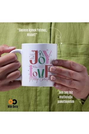 Win Ovro Premium Beyaz Porselen Hediye Çift Yön Baskılı Kupa Bardak - Joy Love Merry Christmas