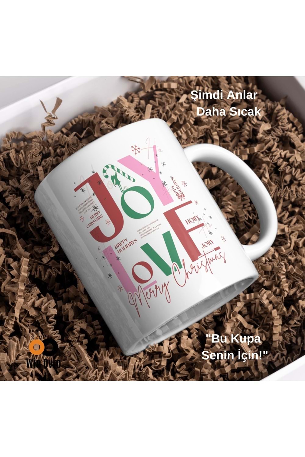 Win Ovro Premium Beyaz Porselen Hediye Çift Yön Baskılı Kupa Bardak - Joy Love Merry Christmas