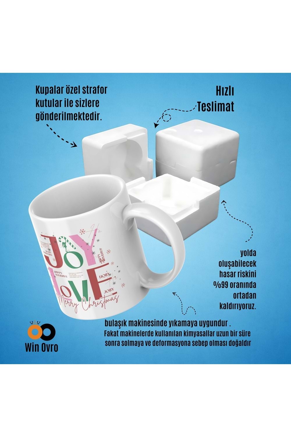 Win Ovro Premium Beyaz Porselen Hediye Çift Yön Baskılı Kupa Bardak - Joy Love Merry Christmas