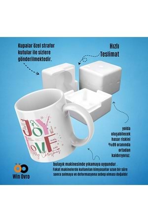 Win Ovro Premium Beyaz Porselen Hediye Çift Yön Baskılı Kupa Bardak - Joy Love Merry Christmas