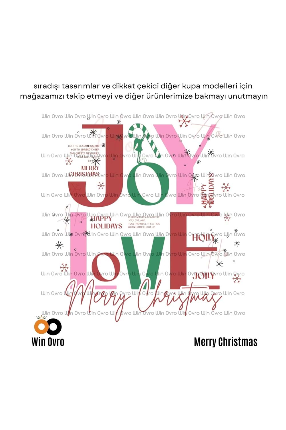 Win Ovro Premium Beyaz Porselen Hediye Çift Yön Baskılı Kupa Bardak - Joy Love Merry Christmas