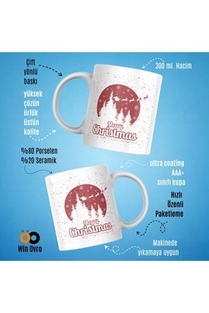 Win Ovro Premium Beyaz Porselen Hediye Çift Yön Baskılı Kupa Bardak - Merry Christmas Happy New